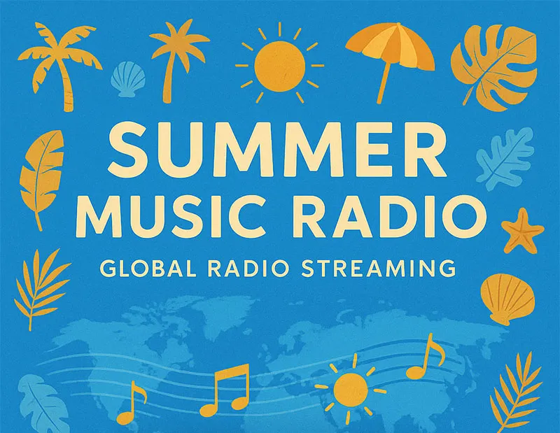 A vibrant illustration of a person listening to music in a summer setting.